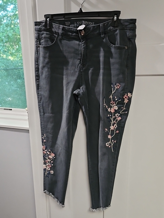 Lane Bryant Denim - Lane Bryant Charcoal Gray Skinny Jeans with Pink Floral Embroidery
